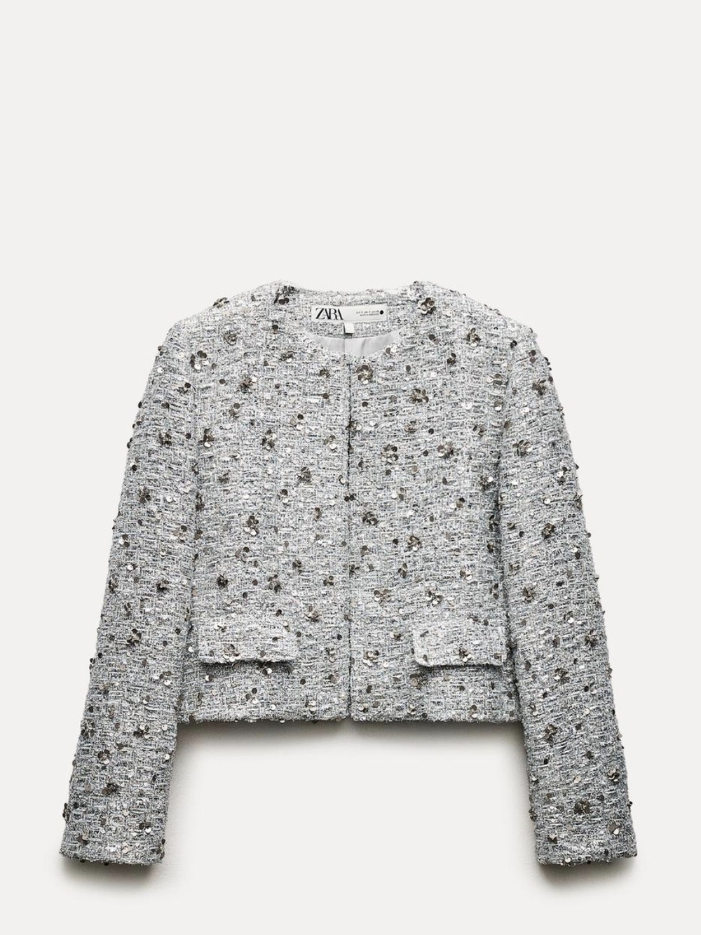 Zara Silver Tweed Cropped Embellished Jacket